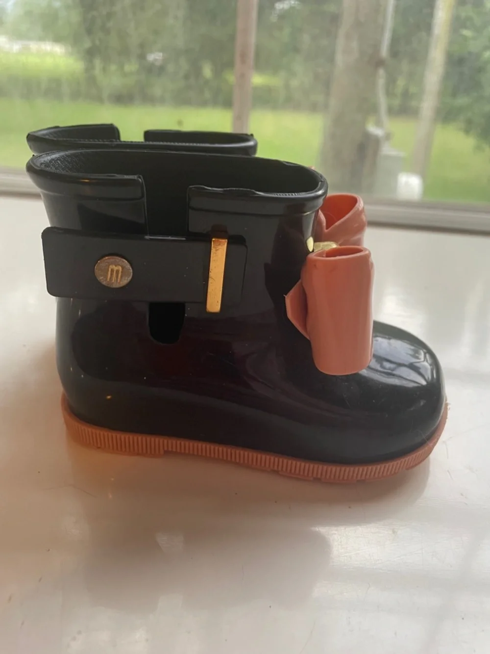 Mini Melissa Black Rain Boots with Pink Bow Accent
